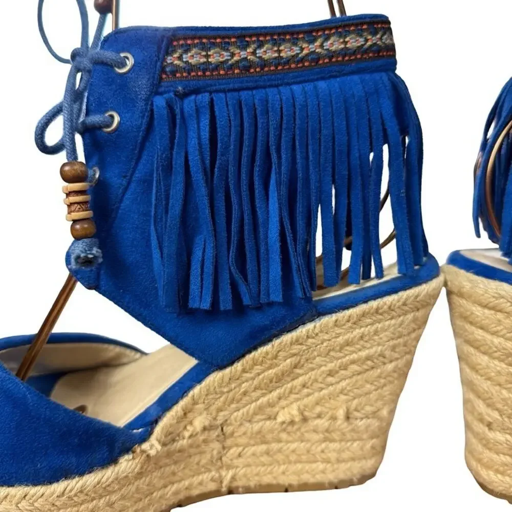 Miim Opava Blue Suede Leather Wedge Espadrille Fringe Sandals Shoes Platform 8